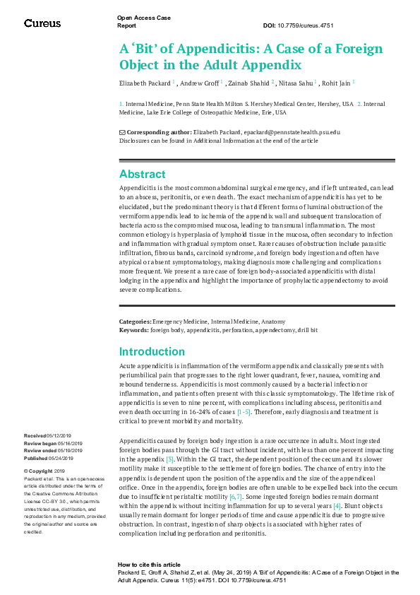 (PDF) A ‘Bit’ of Appendicitis: A Case of a Foreign Object in the Adult ...