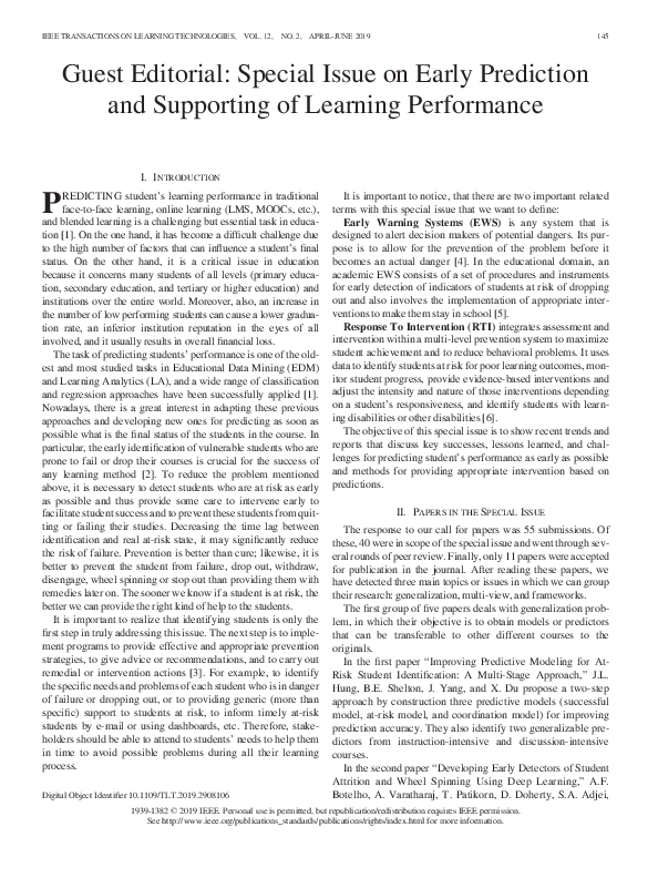 (PDF) Guest Editorial: Special Issue on Early Prediction and Supporting ...