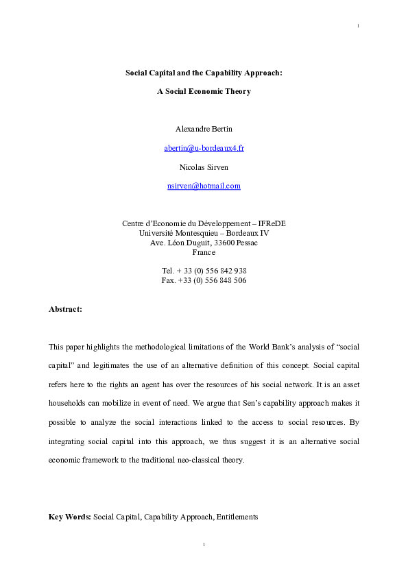 (PDF) Social capital and the capability approach: A social economic theory