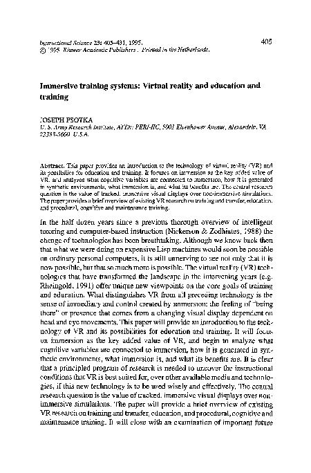(PDF) Immersive training systems: Virtual reality and education and ...