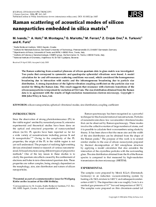 (PDF) Raman scattering of acoustical modes of silicon nanoparticles ...