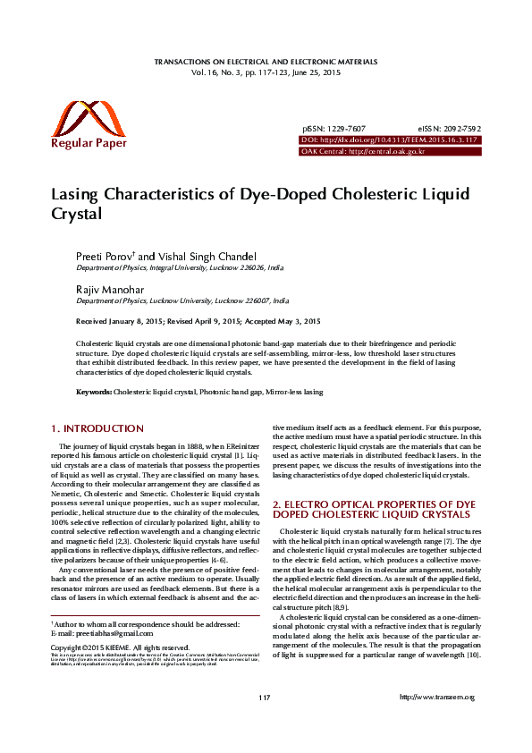 (PDF) Lasing Characteristics of Dye-Doped Cholesteric Liquid Crystal