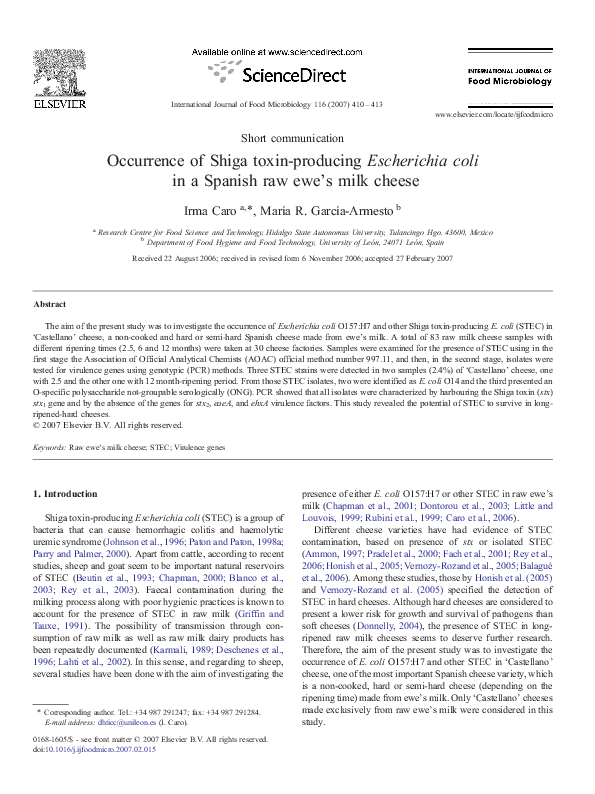(PDF) Occurrence of Shiga toxin-producing Escherichia coli in a Spanish ...