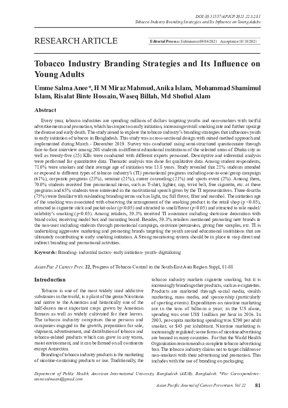 Tobacco Industry Branding Strategies and Its Influence on Young Adults