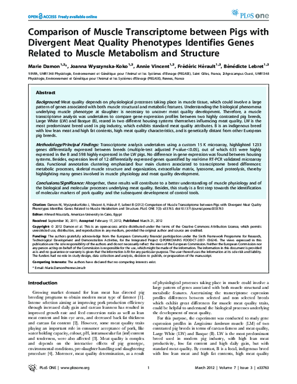 (PDF) Comparison of Muscle Transcriptome between Pigs with Divergent ...