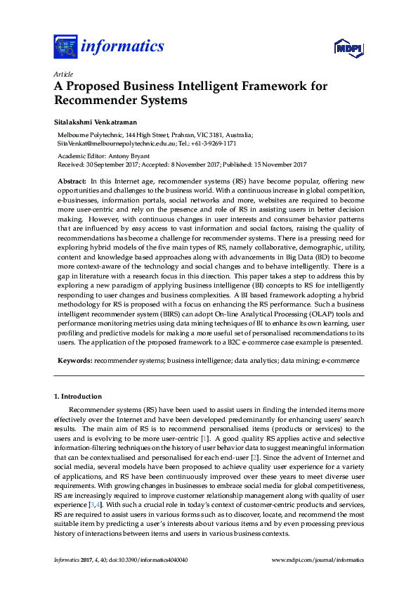 (PDF) A Proposed Business Intelligent Framework for Recommender Systems