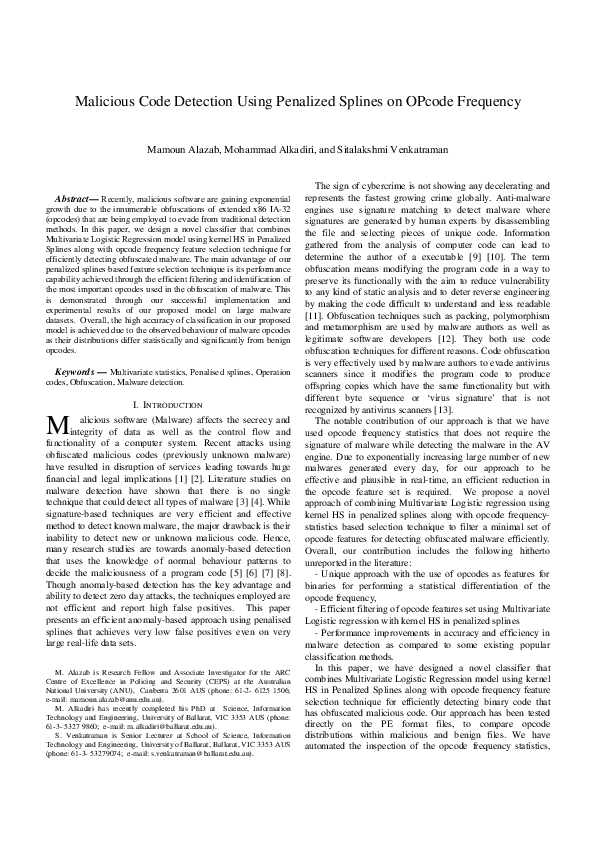 (PDF) Malicious Code Detection Using Penalized Splines on OPcode Frequency