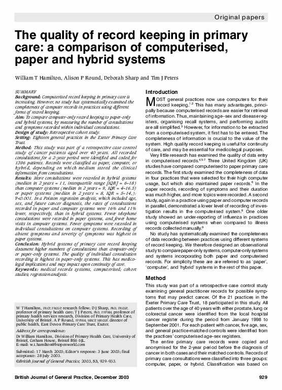 (PDF) The quality of record keeping in primary care a comparison of