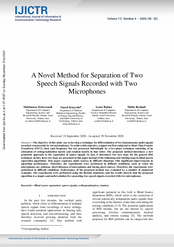 (PDF) A Novel Method for Separation of Two Speech Signals Recorded with ...