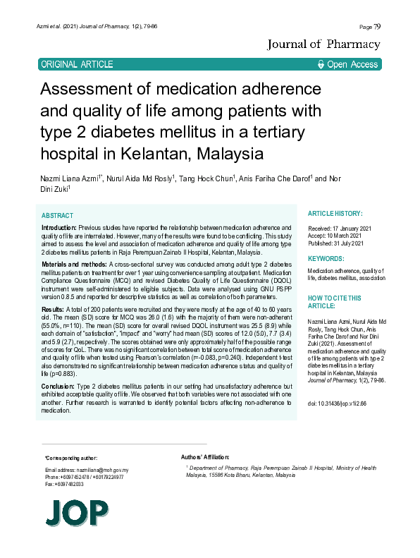 (PDF) Assessment of medication adherence and quality of life among ...