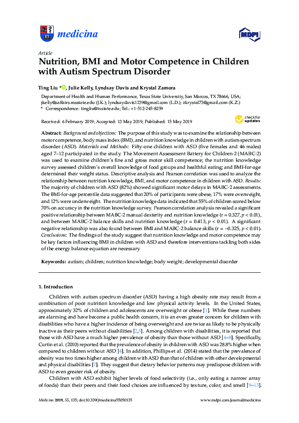 (PDF) Nutrition, BMI and Motor Competence in Children with Autism ...
