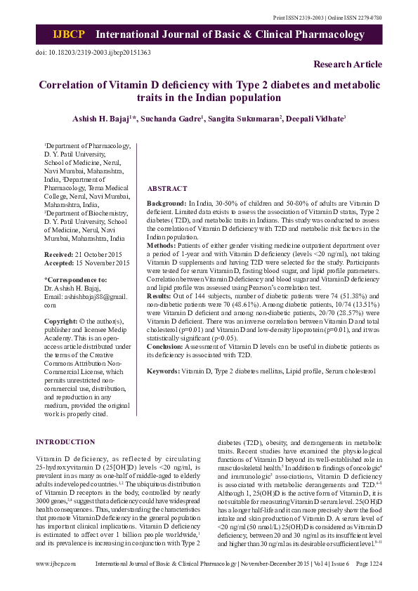 (PDF) Correlation of Vitamin D deficiency with Type 2 diabetes and ...