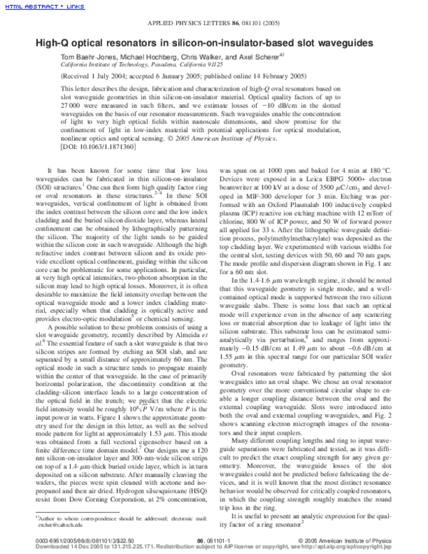 (PDF) High-Q Optical Resonators In Silicon-on-Insulator-Based Slot ...