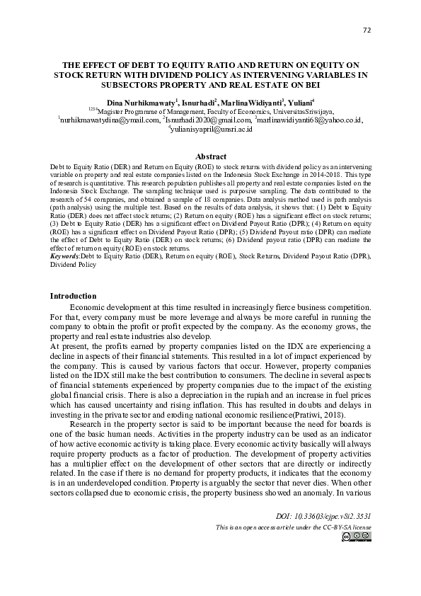 (PDF) The Effect of Debt to Equity Ratio and Return on Equity on Stock ...