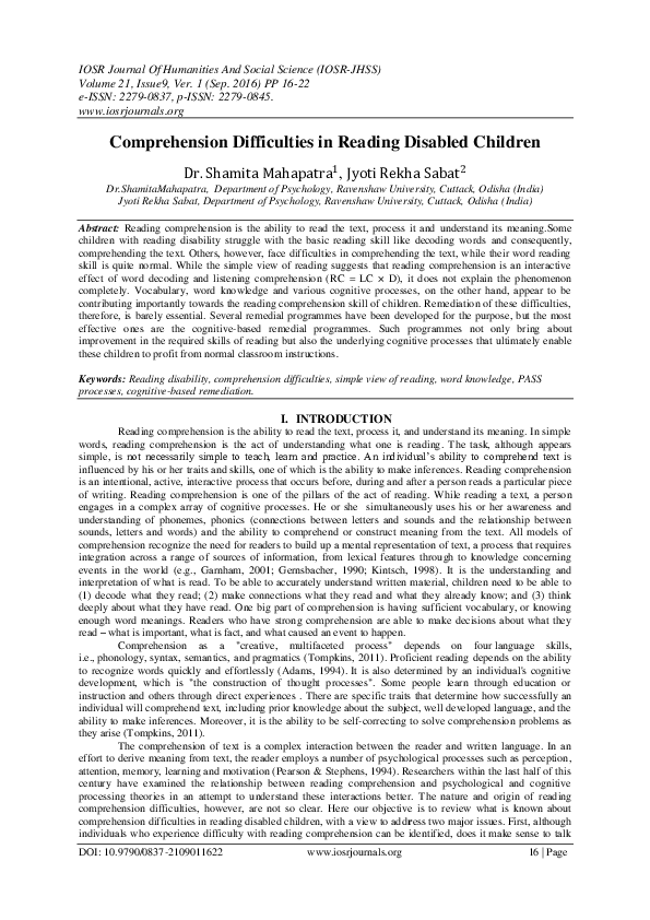 (PDF) Comprehension Difficulties in Reading Disabled Children