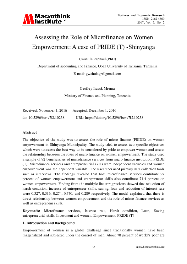 (PDF) Assessing the Role of Microfinance on Women Empowerment: A case ...