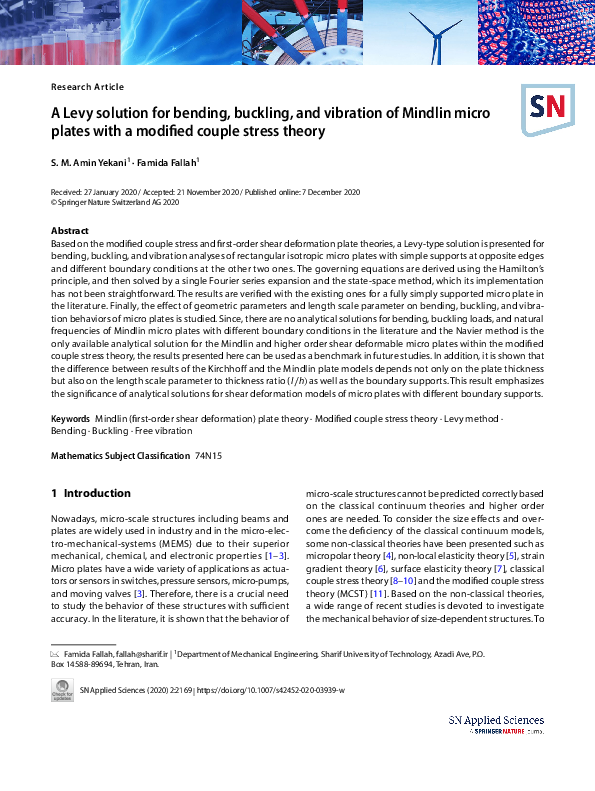 (PDF) A Levy solution for bending, buckling, and vibration of Mindlin ...