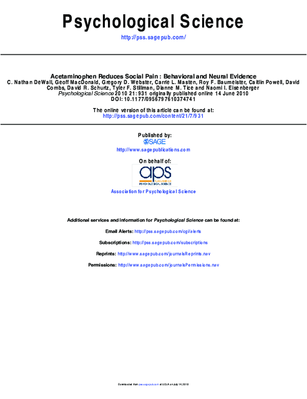 (PDF) Acetaminophen Reduces Social Pain Behavioral and Neural Evidence