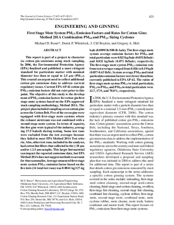 (PDF) First Stage Mote System PM 2.5 Emission Factors and Rates for ...
