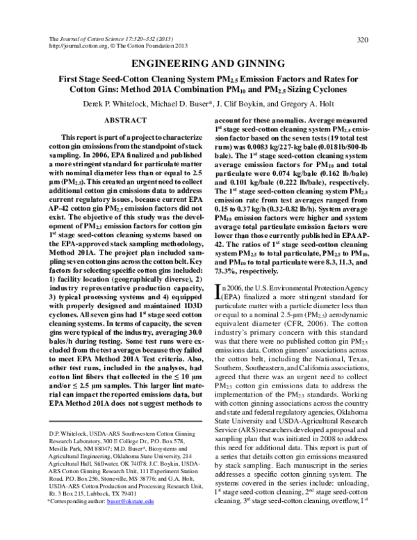 (PDF) First stage seed-cotton cleaning system PM2. 5 emission factors ...