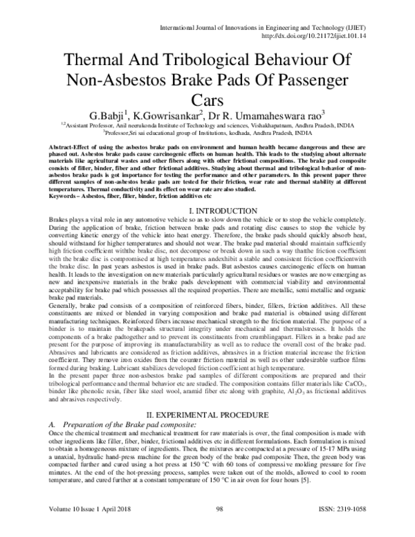 (PDF) Thermal And Tribological Behaviour Of Non-Asbestos Brake Pads Of ...