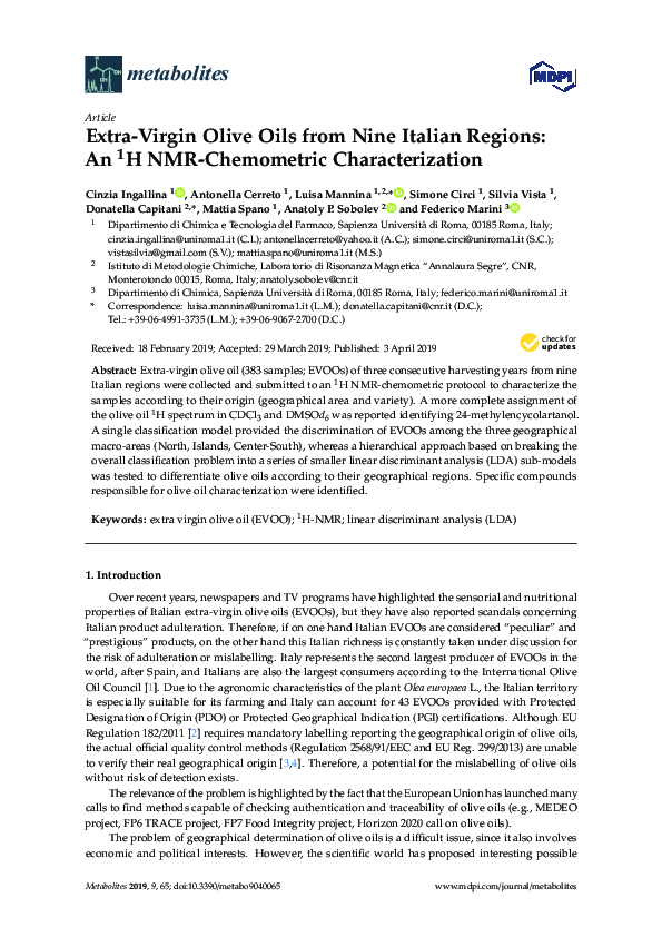 (PDF) Extra-Virgin Olive Oils from Nine Italian Regions: An 1H NMR ...
