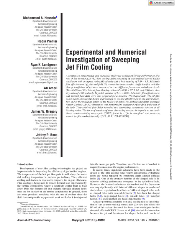 (PDF) Experimental and Numerical Investigation of Sweeping Jet Film Cooling