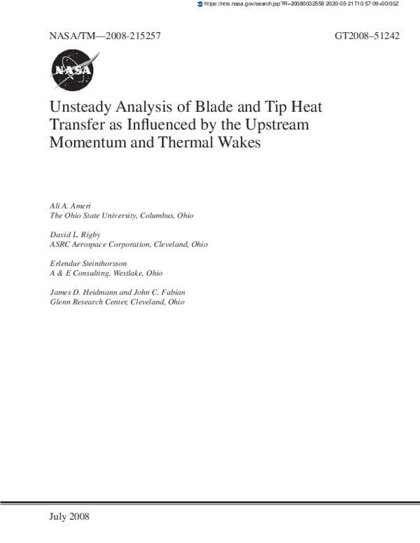 (PDF) Unsteady Analysis of Blade and Tip Heat Transfer as Influenced by ...