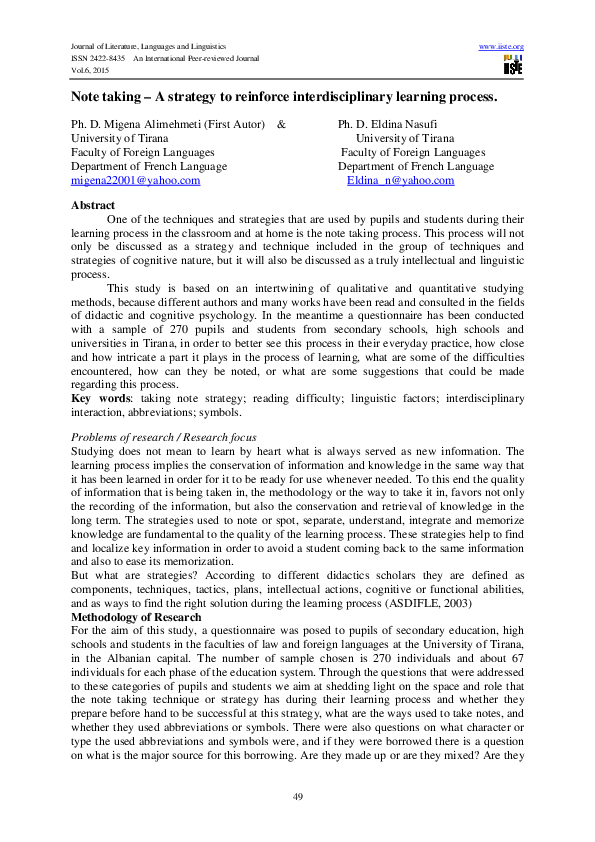 (PDF) Note taking – A strategy to reinforce interdisciplinary learning ...