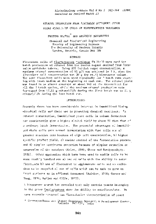 (PDF) Ethanol production from Jerusalem artichoke juice using