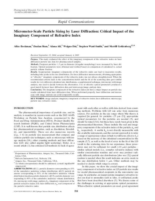 (PDF) Micrometer-scale particle sizing by laser diffraction: critical ...
