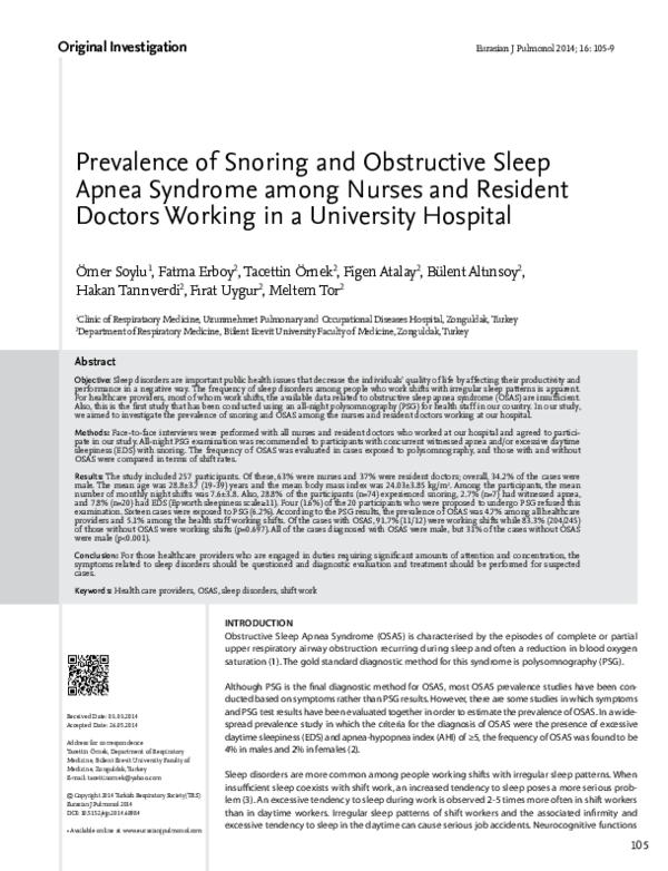 (PDF) Prevalence of Snoring and Obstructive Sleep Apnea Syndrome among ...