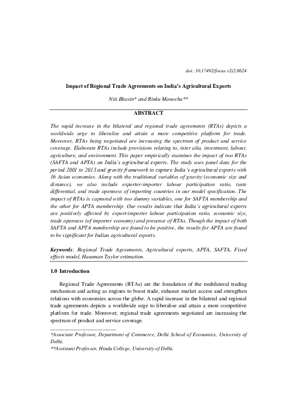(PDF) Impact of Regional Trade Agreements on India’s Agricultural Exports