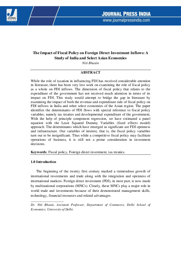 (PDF) The Impact of Fiscal Policy on Foreign Direct Investment Inflows ...