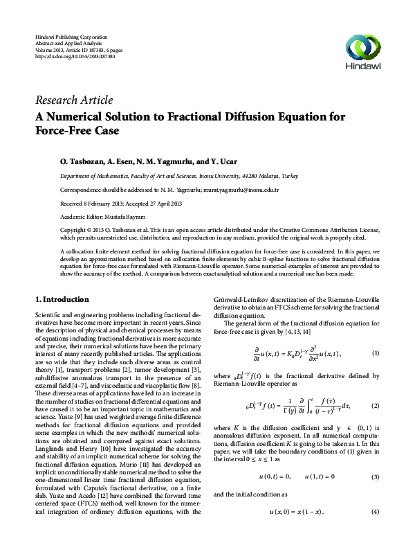 (PDF) A Numerical Solution to Fractional Diffusion Equation for Force ...
