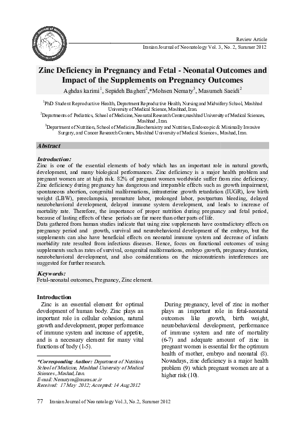 (PDF) Zinc Deficiency in Pregnancy and Fetal Impact of the Supplements ...