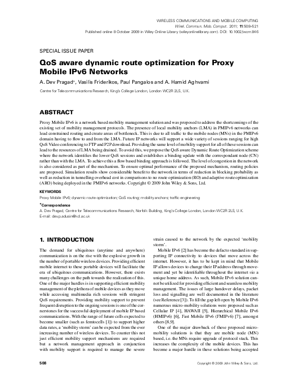 (PDF) QoS aware dynamic route optimization for Proxy Mobile IPv6 networks