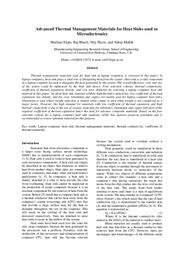 (PDF) Advanced thermal management materials for heat sinks used in ...