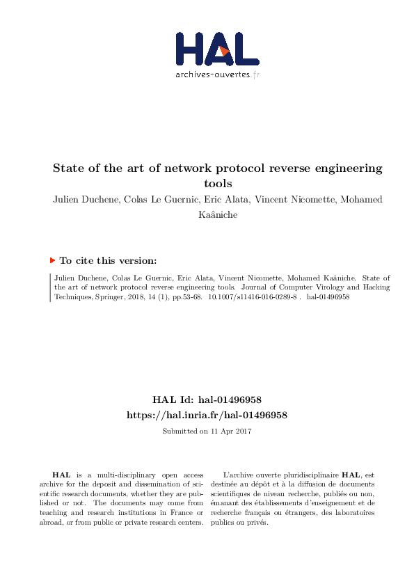 (PDF) State of the art of network protocol reverse engineering tools