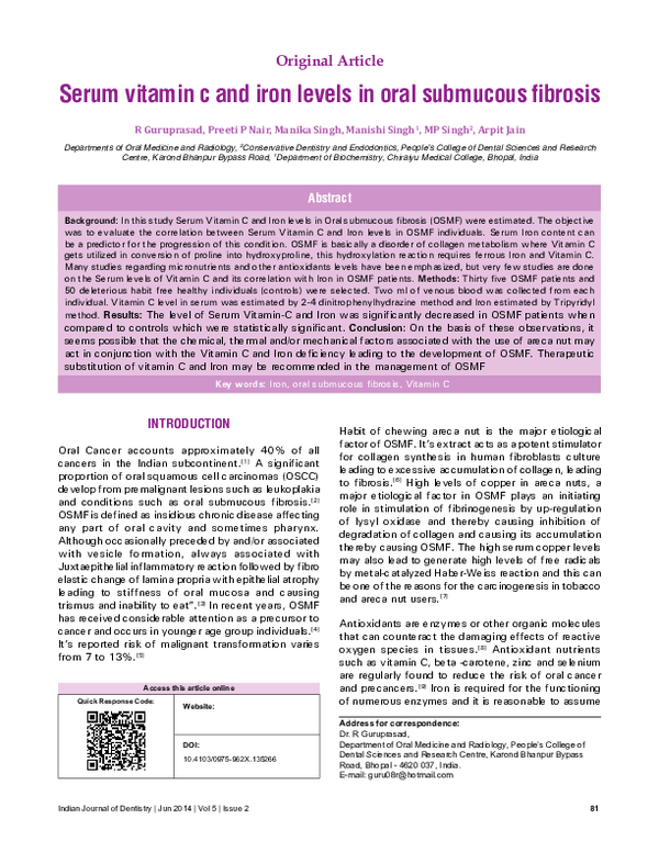 (PDF) Serum vitamin c and iron levels in oral submucous fibrosis