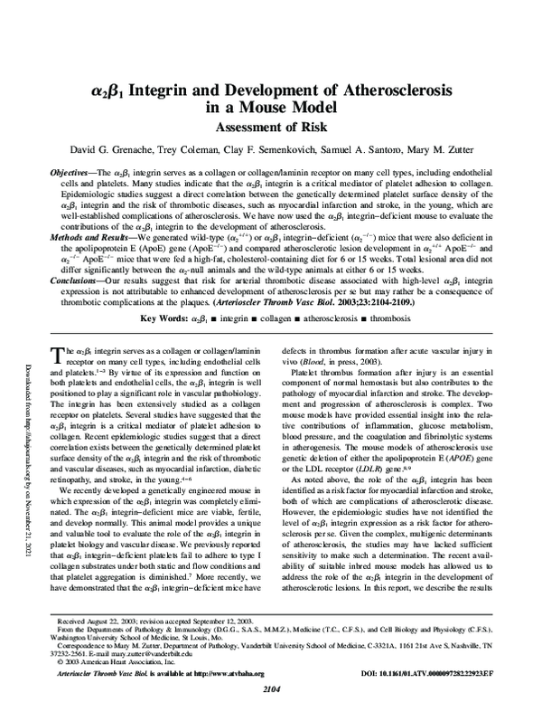 (PDF) 2 1 Integrin and Development of Atherosclerosis in a Mouse Model ...