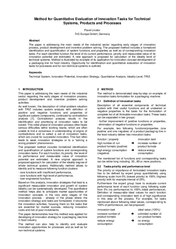 (PDF) Method for Quantitative Evaluation of Innovation Tasks for ...