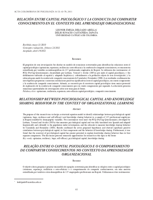 (PDF) Relationship Between Psychological Capital and Knowledge Sharing ...