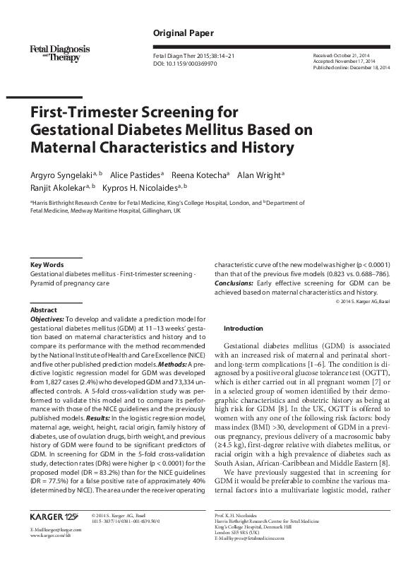 (PDF) First-Trimester Screening for Gestational Diabetes Mellitus Based ...
