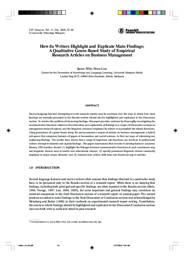 (PDF) How do Writers Highlight and Explicate Main Findings: A ...