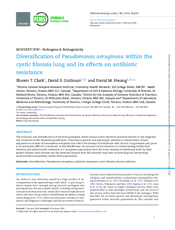 (PDF) Diversification of Pseudomonas aeruginosa within the cystic ...