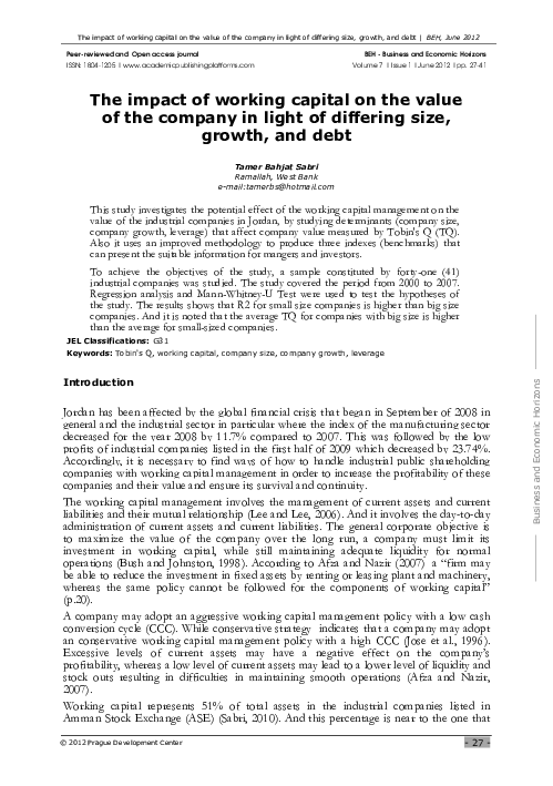 (PDF) The impact of working capital on the value of the company in ...