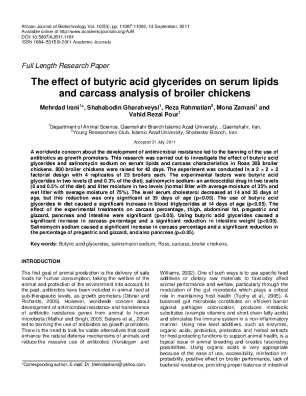 (PDF) The effect of butyric acid glycerides on serum lipids and carcass ...