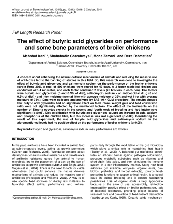 (PDF) The effect of butyric acid glycerides on performance and some ...
