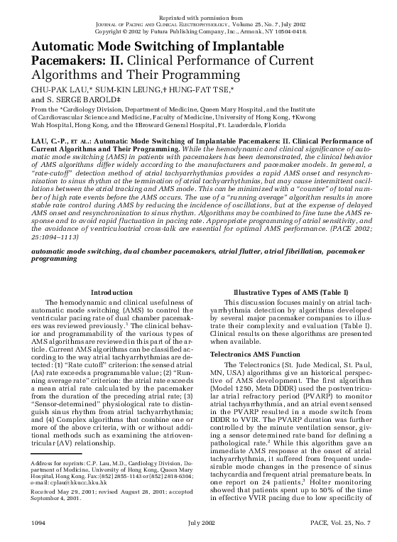 (PDF) Automatic Mode Switching of Implantable Pacemakers II. Clinical